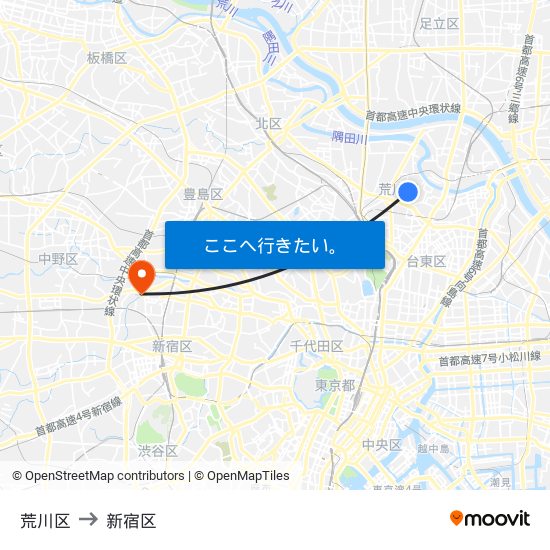荒川区 to 新宿区 map