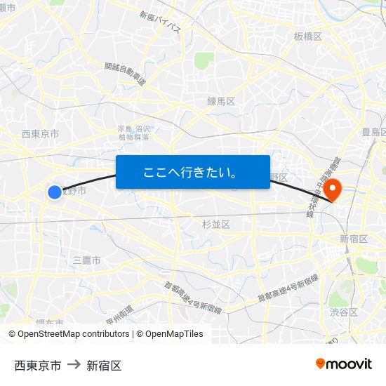 西東京市 to 新宿区 map