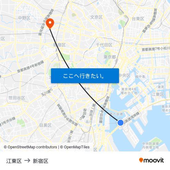 江東区 to 新宿区 map