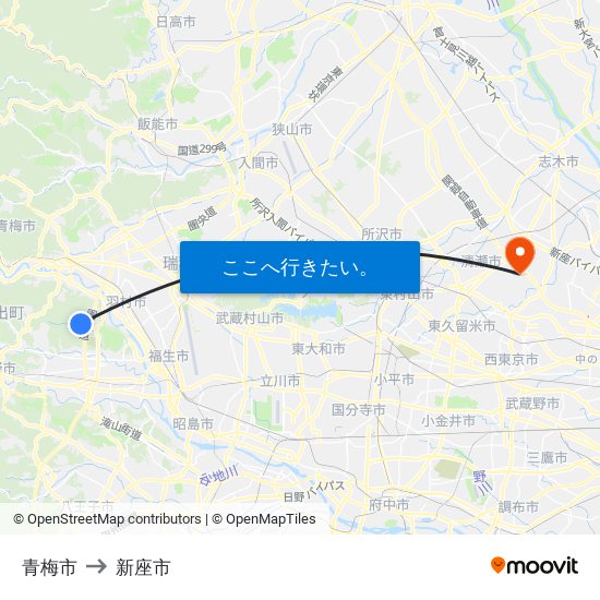 青梅市 to 新座市 map