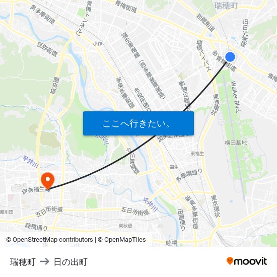 瑞穂町 to 日の出町 map