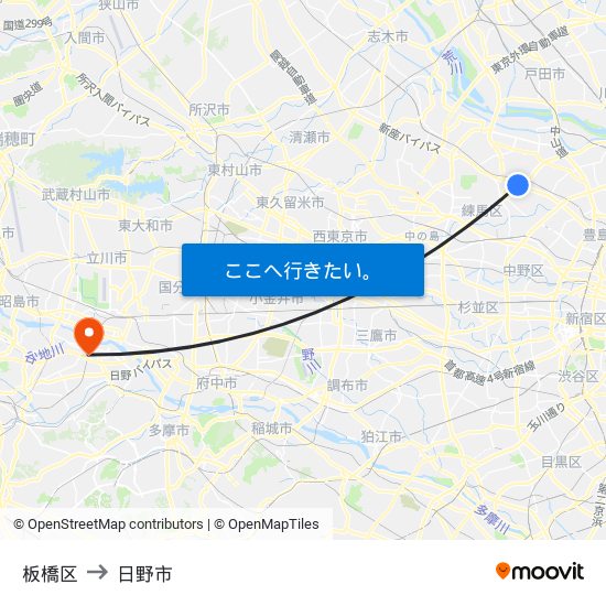 板橋区 to 日野市 map