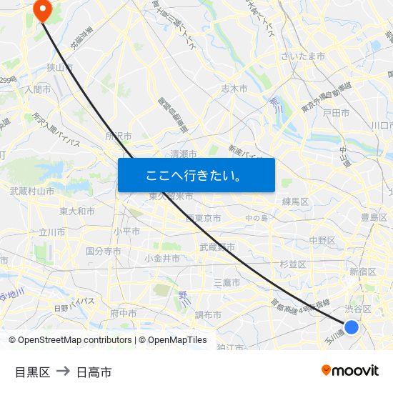 目黒区 to 日高市 map