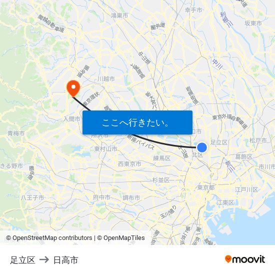 足立区 to 日高市 map