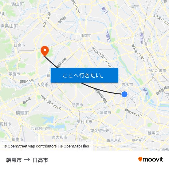 朝霞市 to 日高市 map