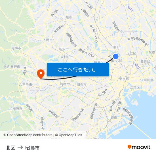 北区 to 昭島市 map