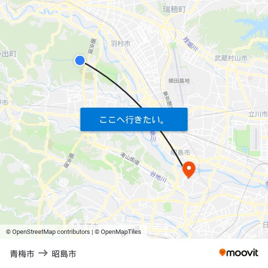 青梅市 to 昭島市 map