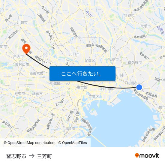 習志野市 to 三芳町 map