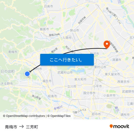 青梅市 to 三芳町 map