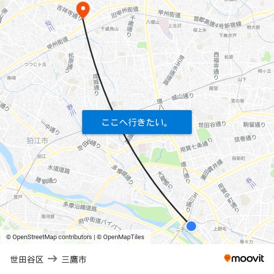 世田谷区 to 三鷹市 map