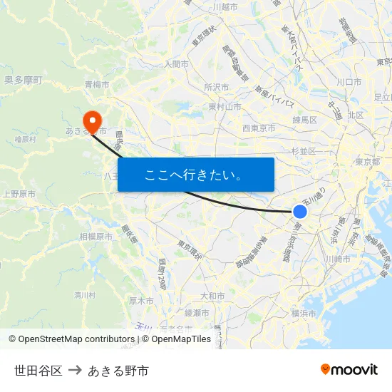 世田谷区 to あきる野市 map