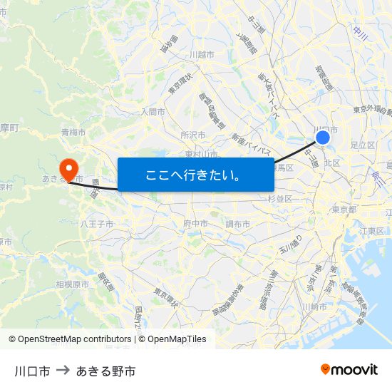 川口市 to あきる野市 map
