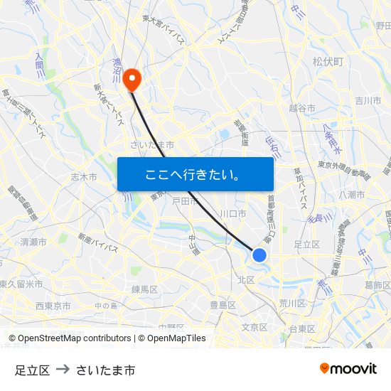 足立区 to さいたま市 map