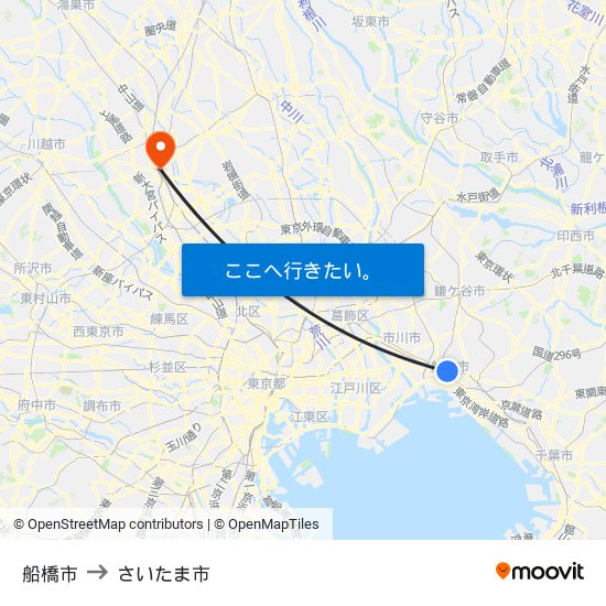船橋市 to さいたま市 map