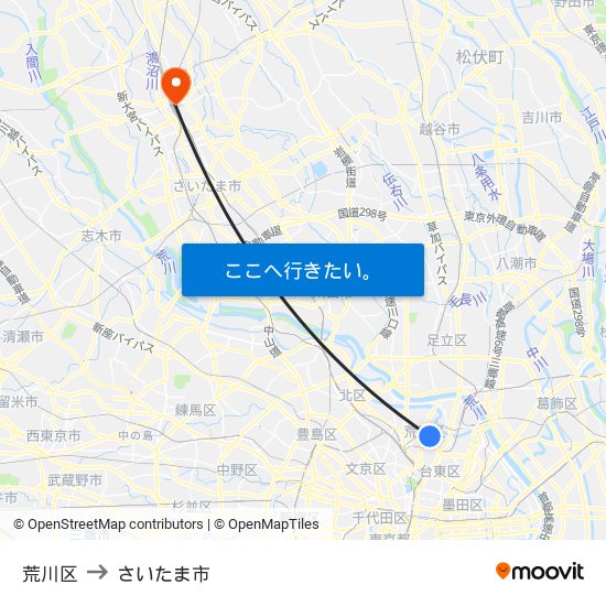 荒川区 to さいたま市 map
