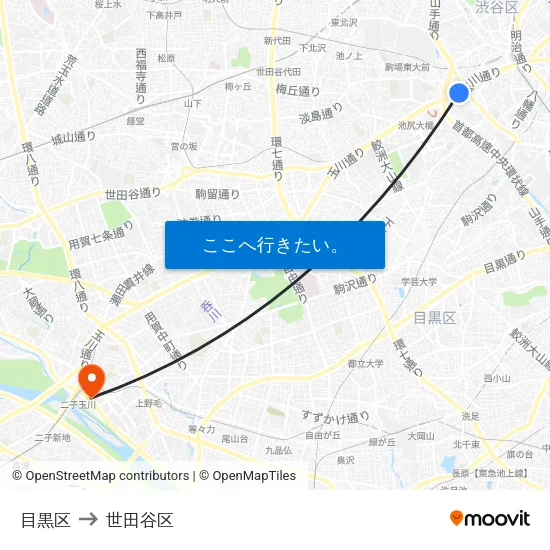 目黒区 to 世田谷区 map