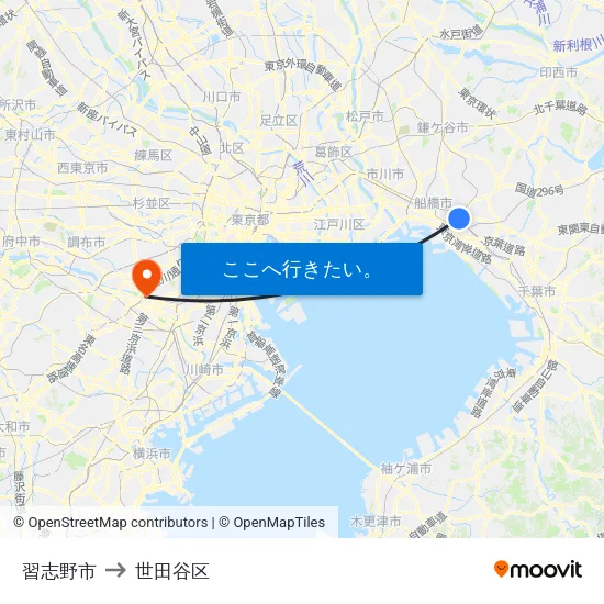 習志野市 to 世田谷区 map