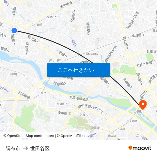 調布市 to 世田谷区 map