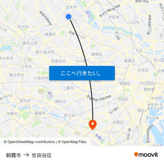 朝霞市 to 世田谷区 map