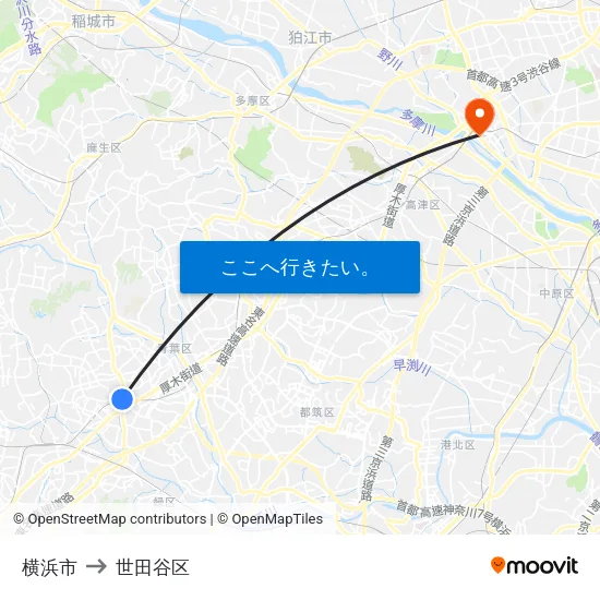 横浜市 to 世田谷区 map