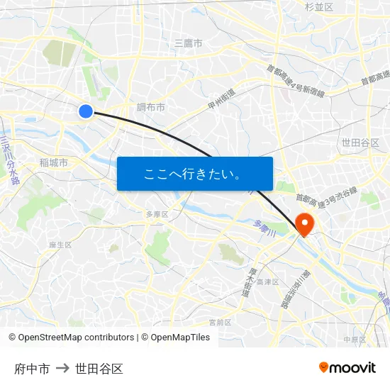 府中市 to 世田谷区 map