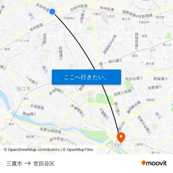 三鷹市 to 世田谷区 map