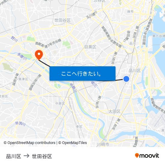 品川区 to 世田谷区 map