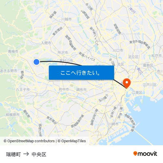 瑞穂町 to 中央区 map