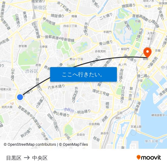 目黒区 to 中央区 map