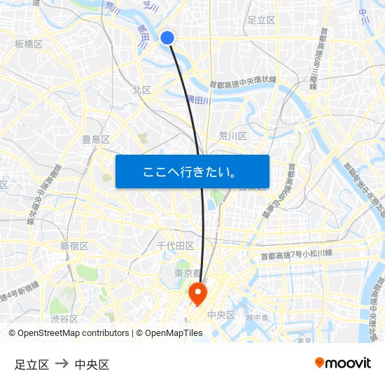 足立区 to 中央区 map