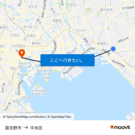 習志野市 to 中央区 map