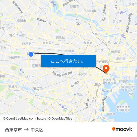 西東京市 to 中央区 map