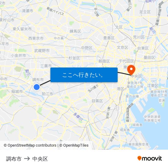 調布市 to 中央区 map