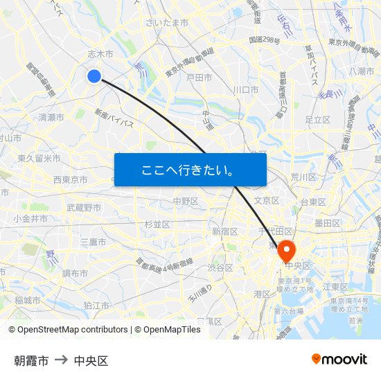 朝霞市 to 中央区 map