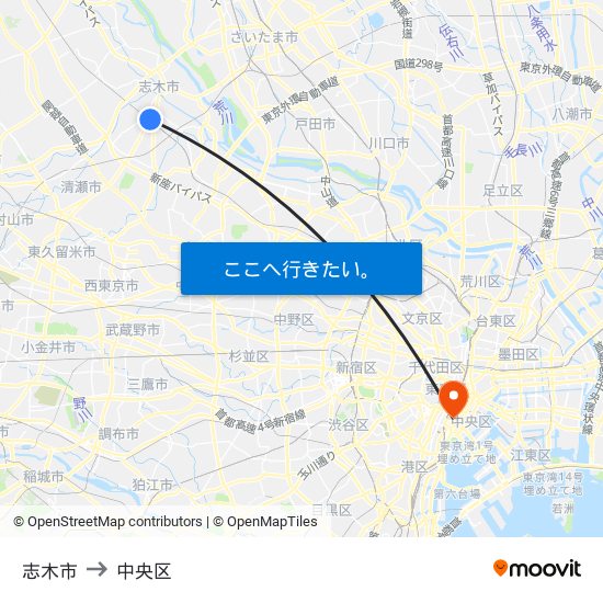 志木市 to 中央区 map