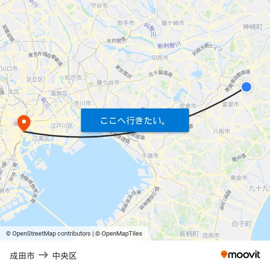 成田市 to 中央区 map