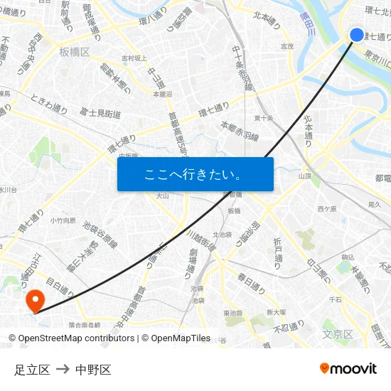 足立区 to 中野区 map
