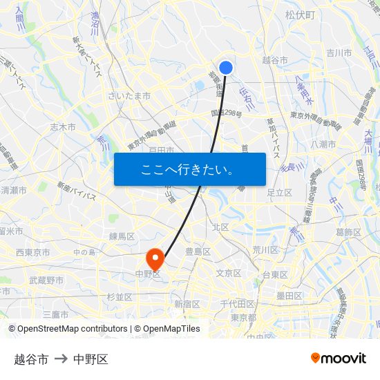 越谷市 to 中野区 map