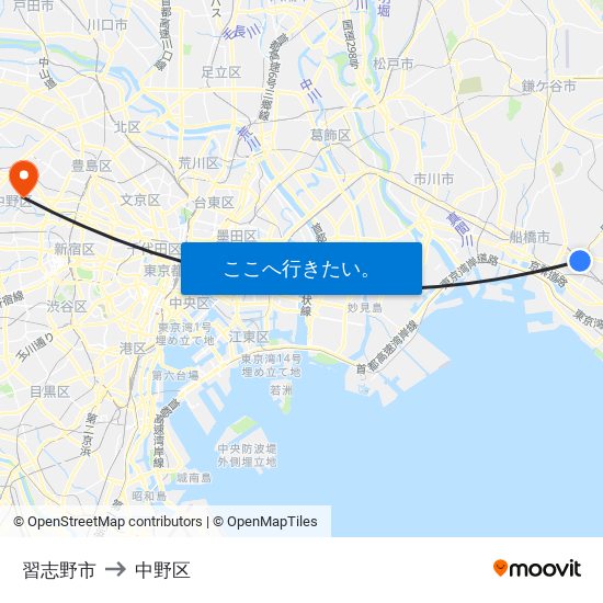 習志野市 to 中野区 map