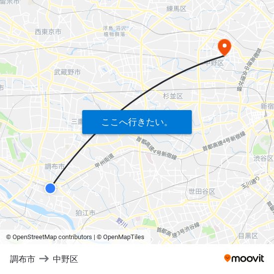 調布市 to 中野区 map