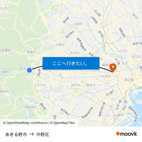 あきる野市 to 中野区 map