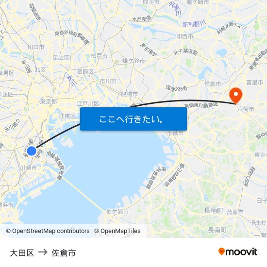 大田区 to 佐倉市 map