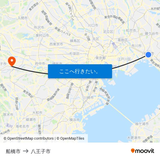 船橋市 to 八王子市 map