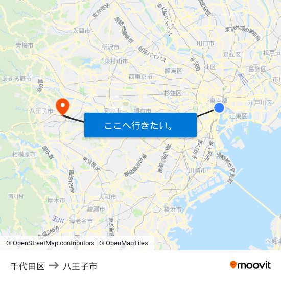 千代田区 to 八王子市 map