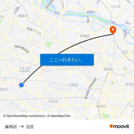 練馬区 to 北区 map