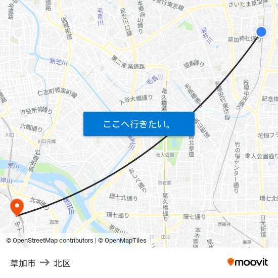 草加市 to 北区 map