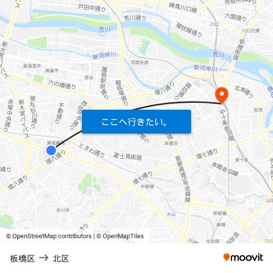 板橋区 to 北区 map