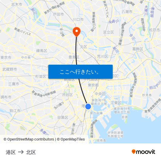 港区 to 北区 map