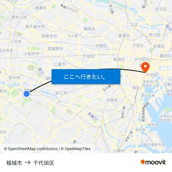 稲城市 to 千代田区 map