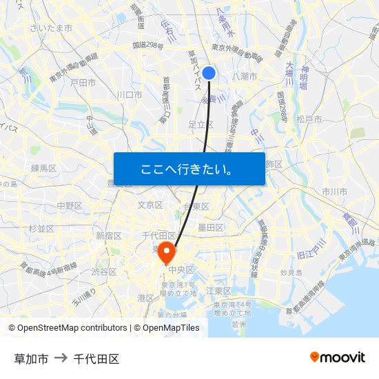 草加市 to 千代田区 map